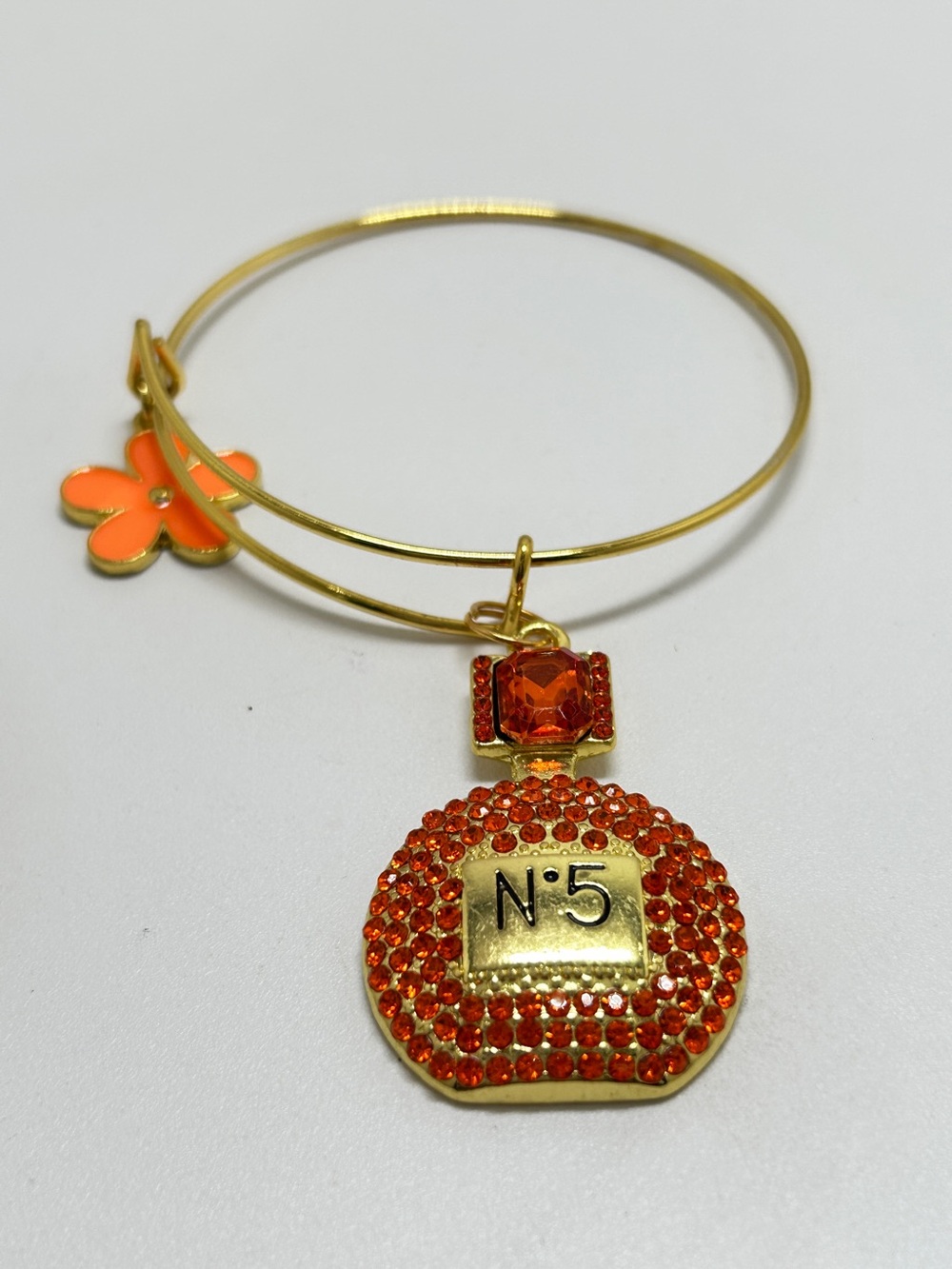 Gold Adjustable Bracelet  Orange  Crystal Parfum No. 5 Bottle And Flower Charm